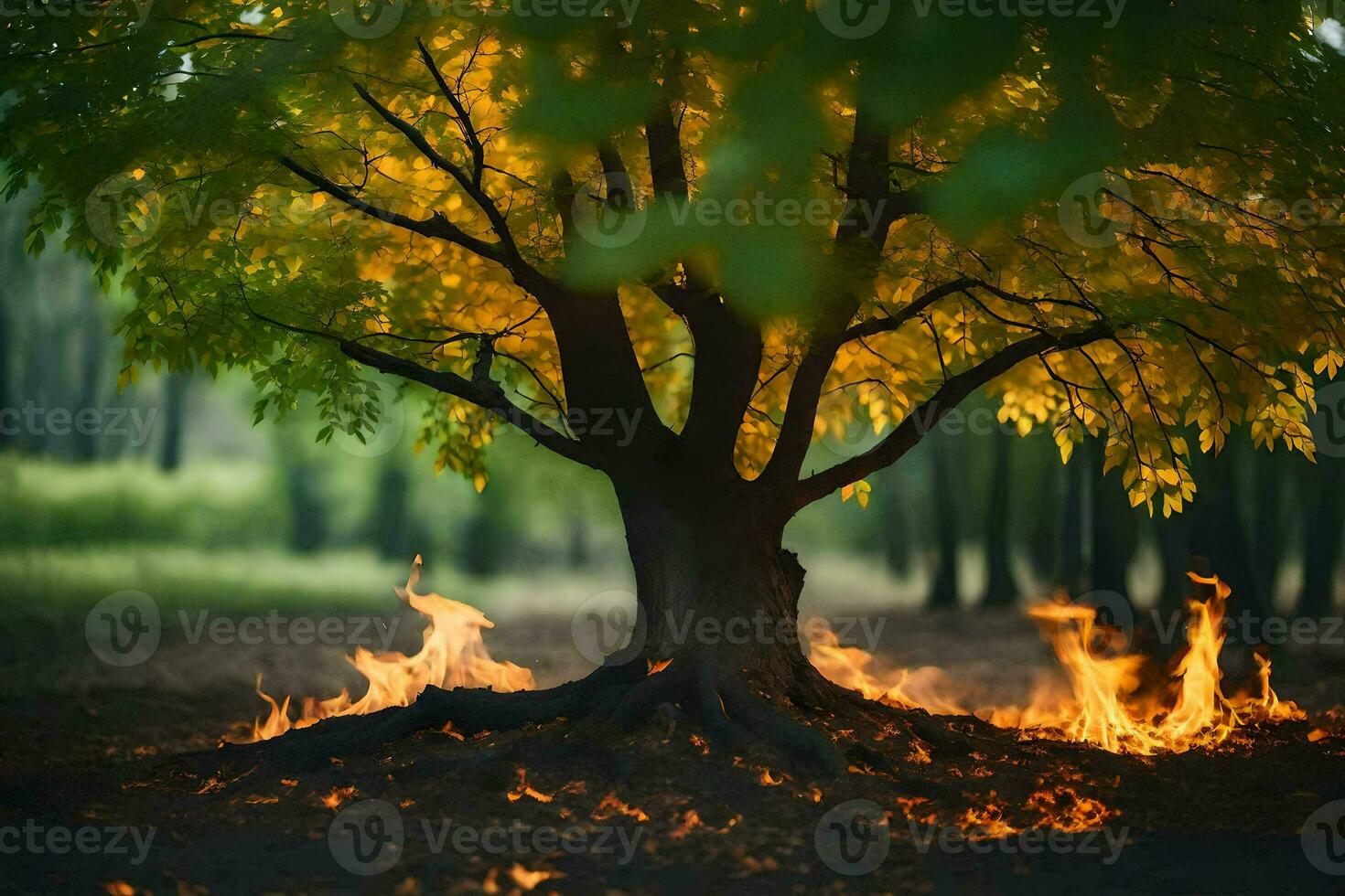 a tree with flames coming out of it in the middle of a forest. AI-Generated photo