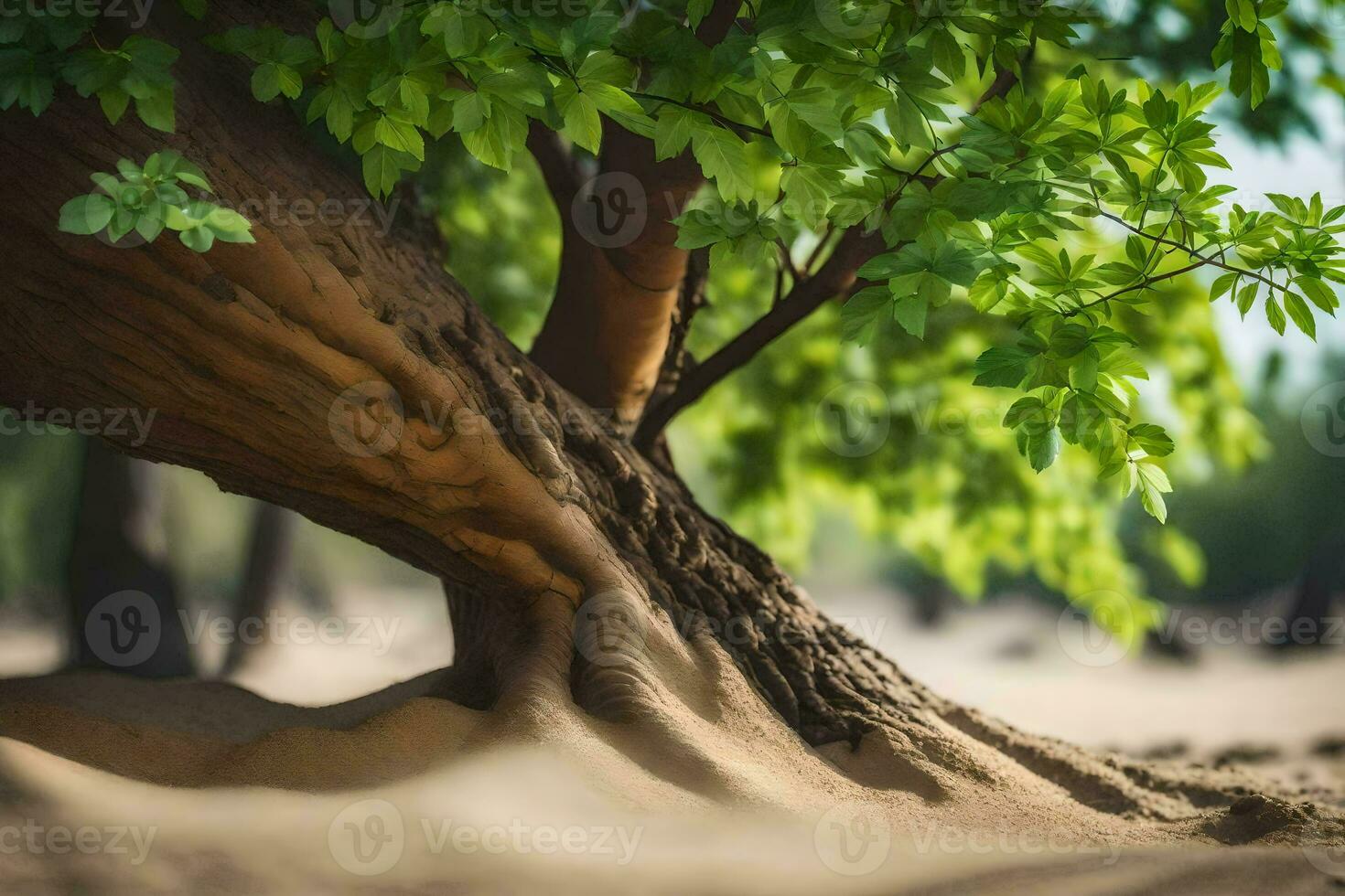 a tree with roots in the sand. AI-Generated photo