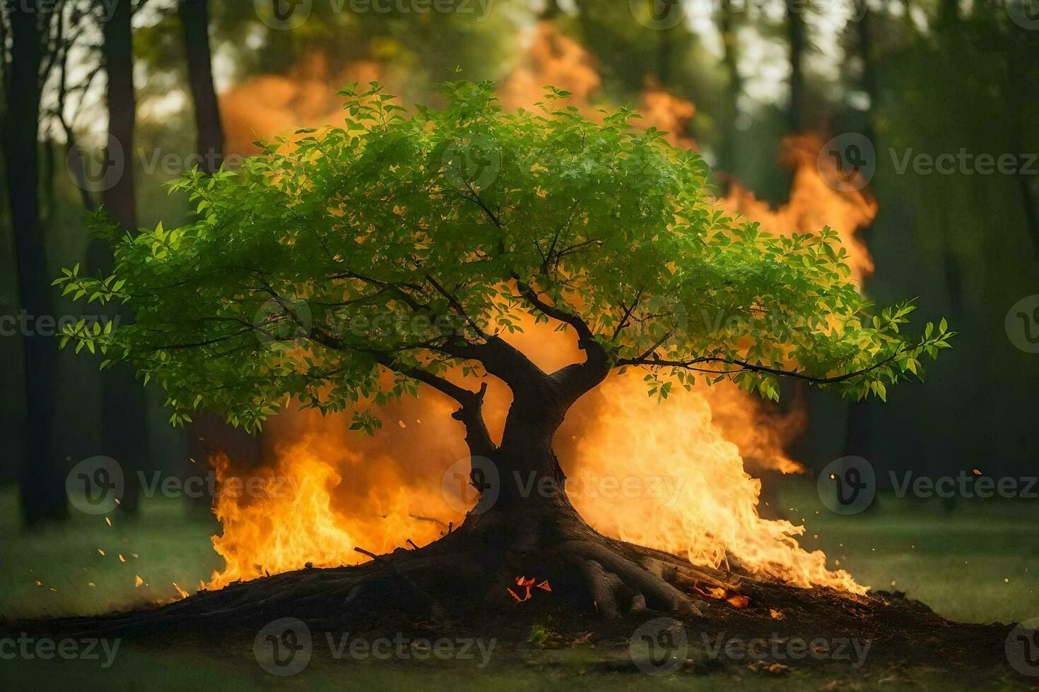 a tree is burning in the middle of a forest. AI-Generated photo