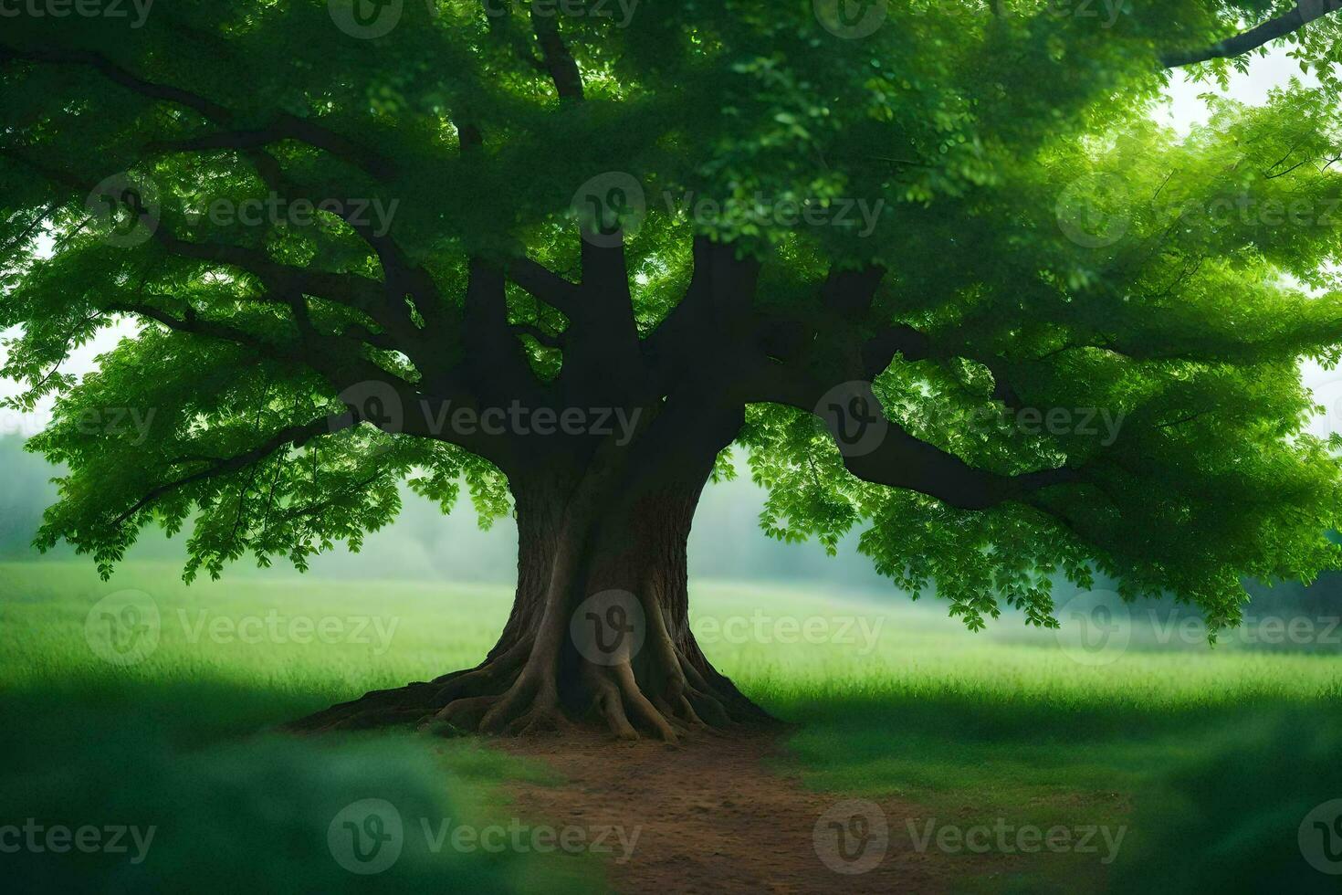 a large tree in the middle of a field. AI-Generated photo