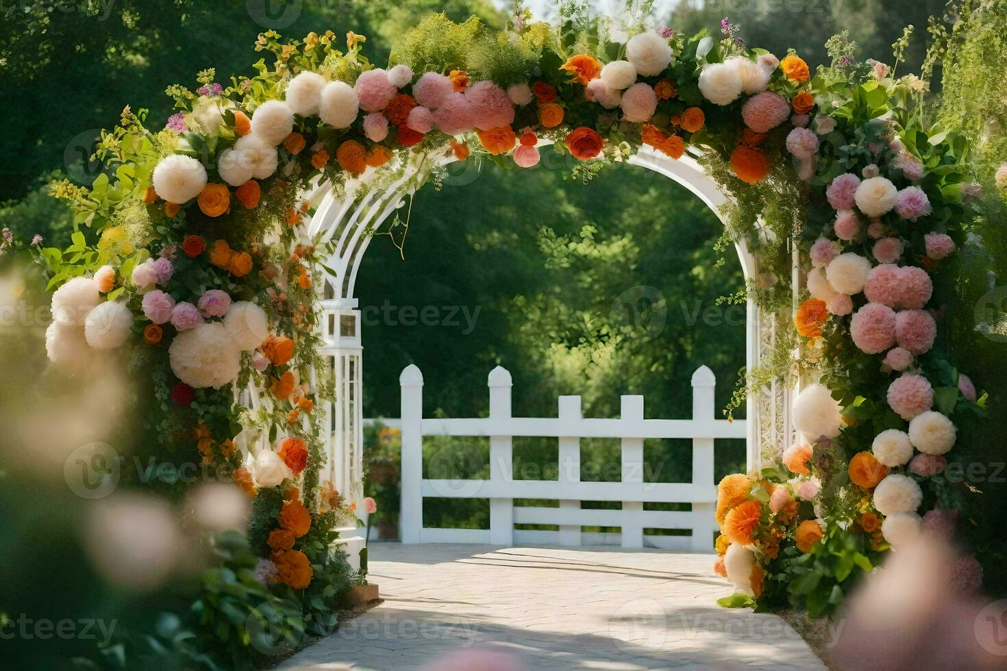 a wedding arch decorated with flowers. AI-Generated photo