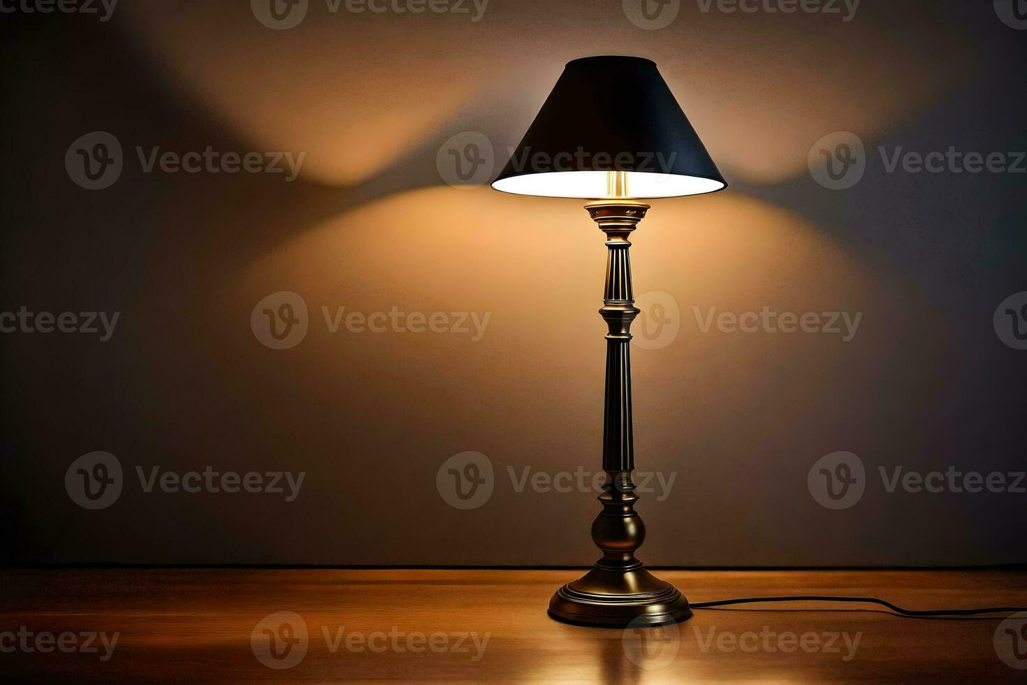 a lamp on a wooden table with a dark background. AI-Generated photo