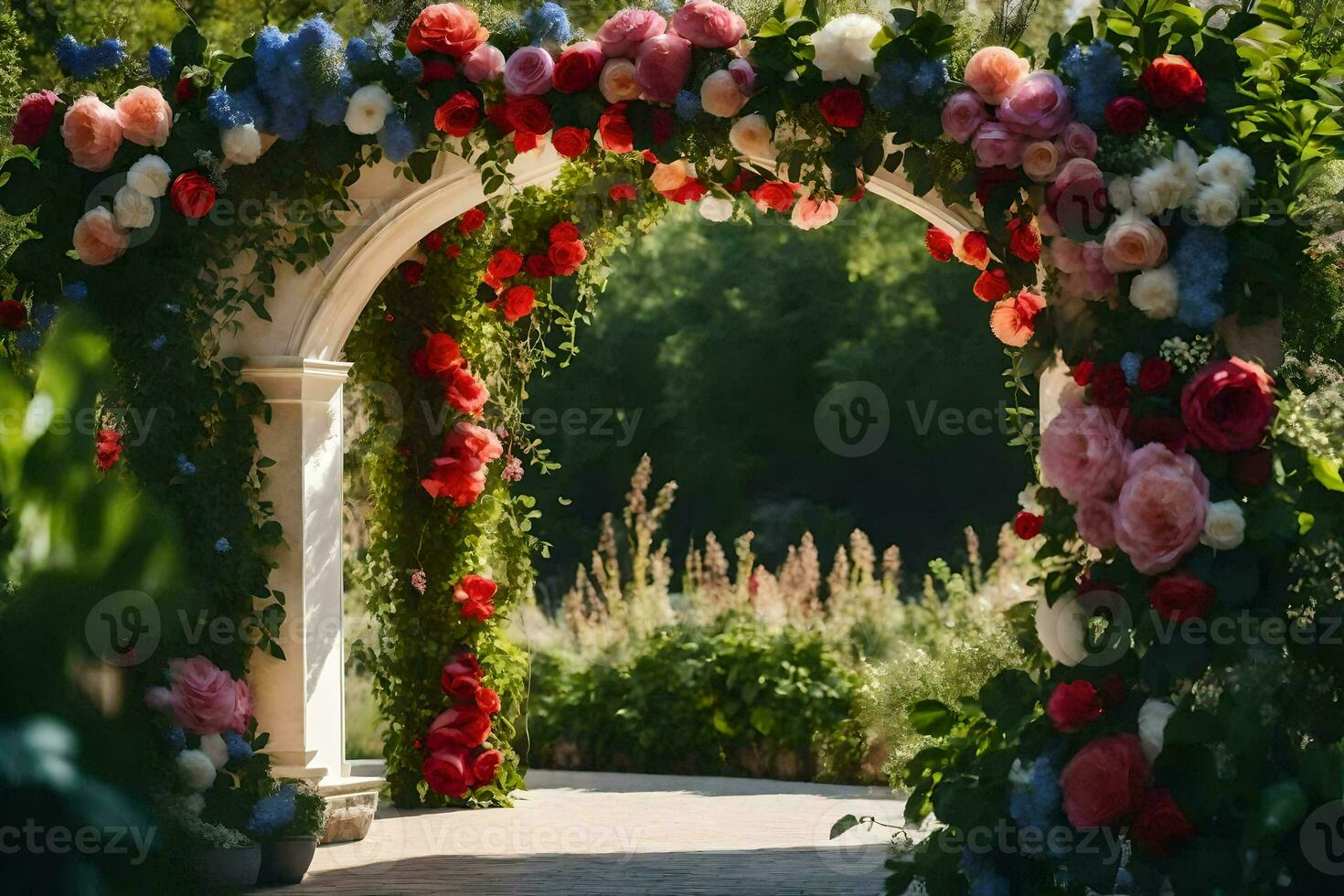a wedding arch decorated with flowers. AI-Generated photo