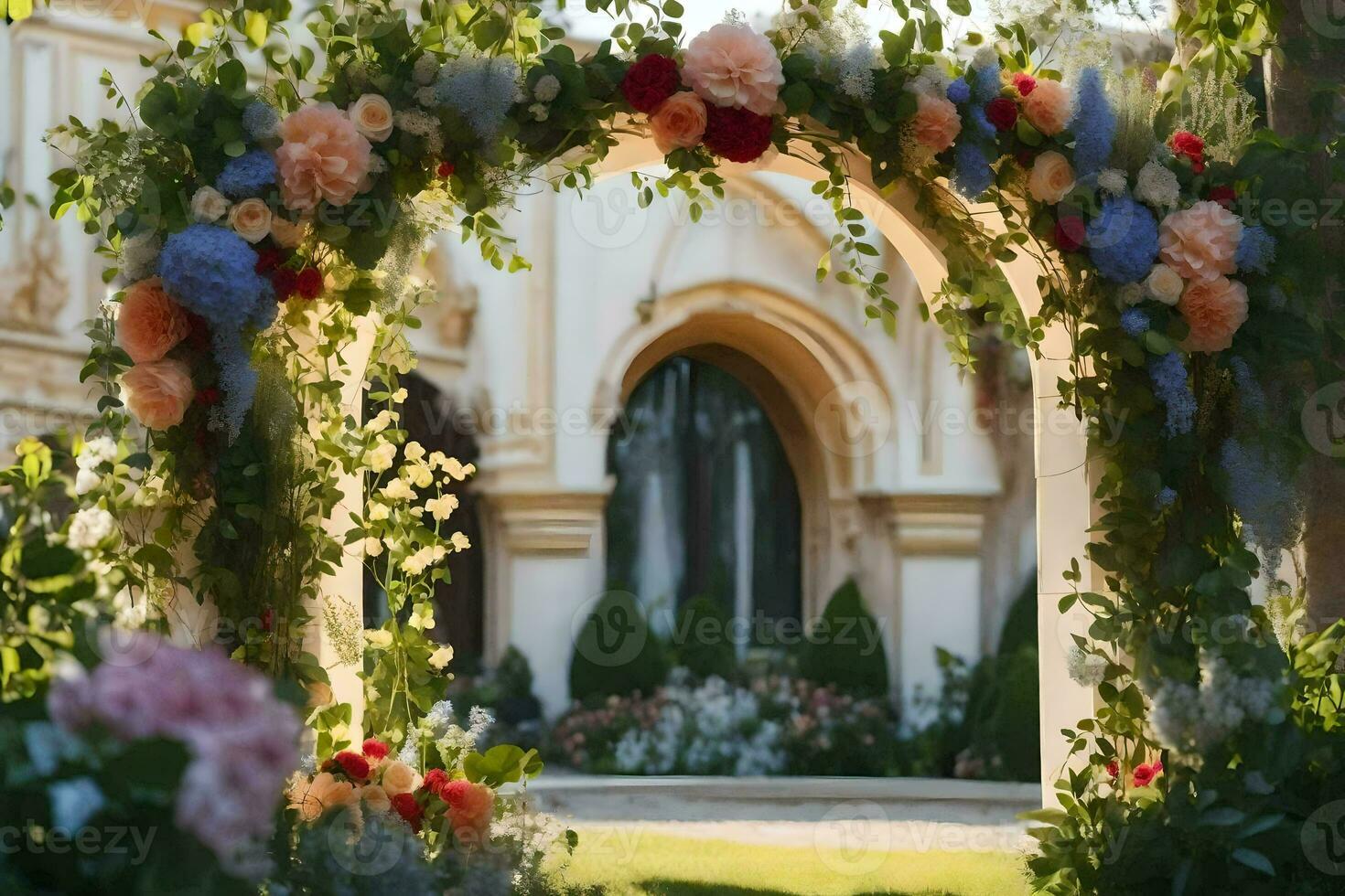 a wedding arch decorated with flowers in front of a building. AI-Generated photo