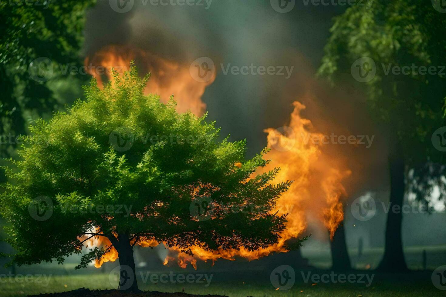 a tree is burning in the grass. AI-Generated photo