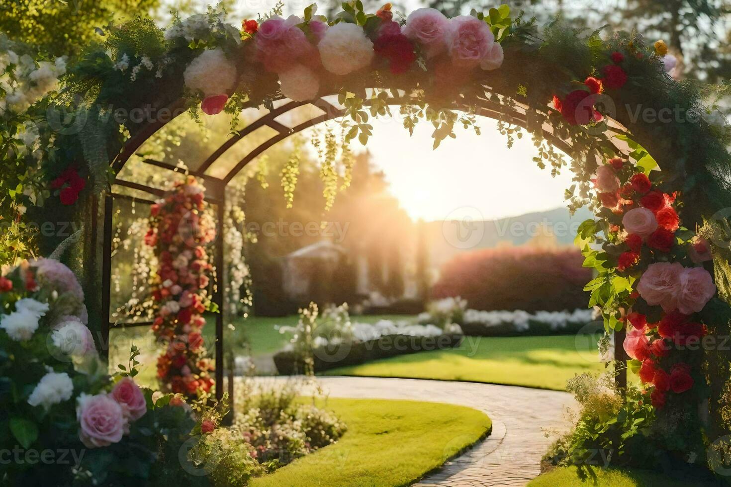 a beautiful archway with flowers in the garden. AI-Generated photo