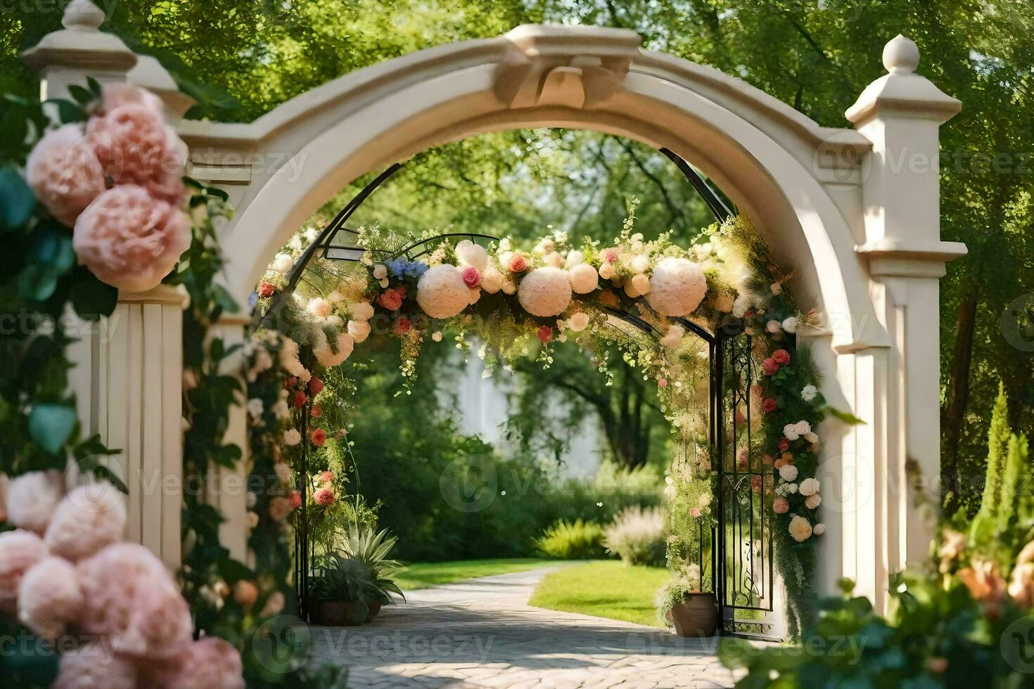 an archway with flowers and greenery. AI-Generated photo