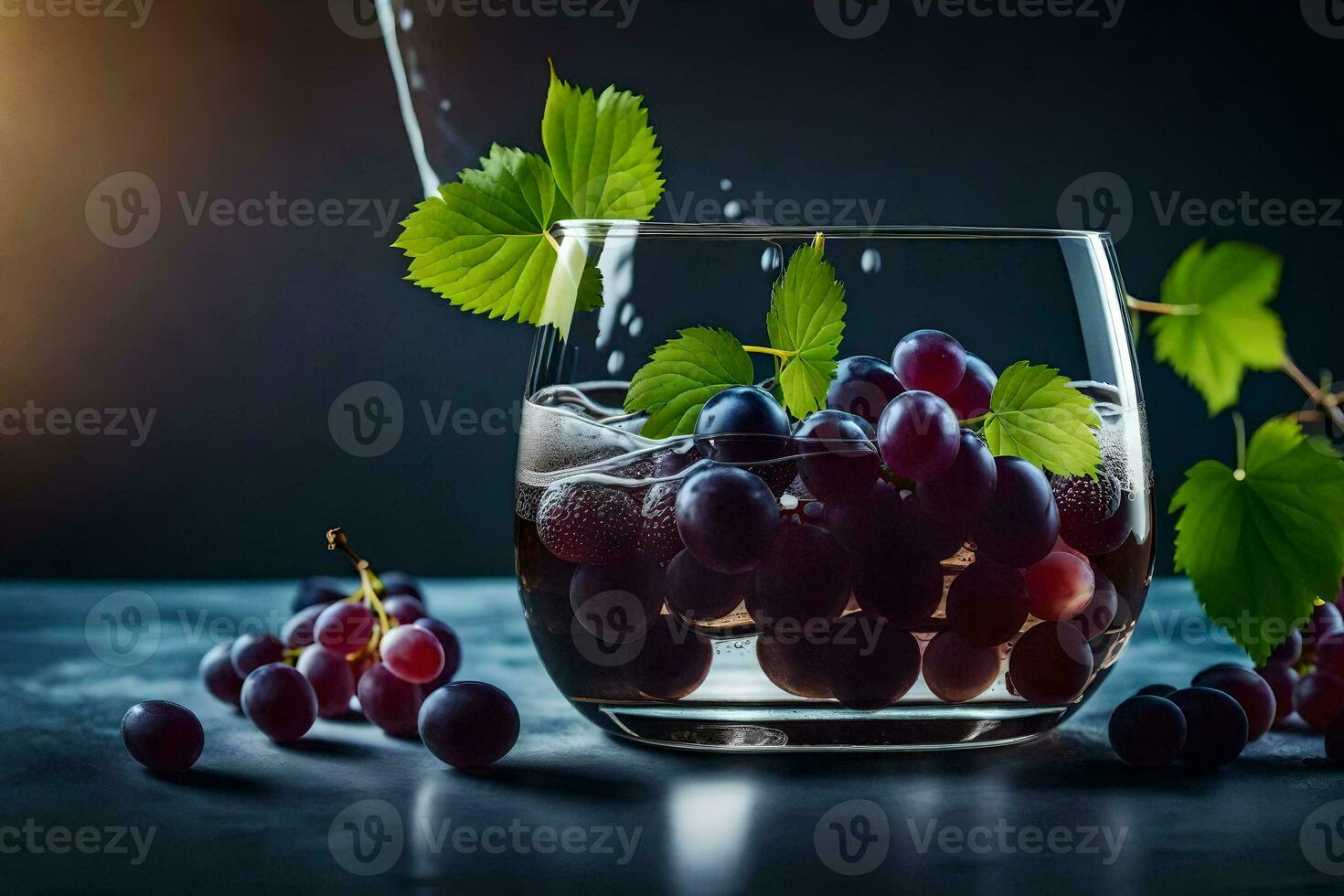 grapes in a glass with water. AI-Generated photo