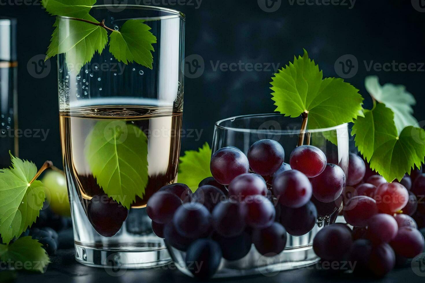 grapes and wine in glasses on a dark background. AI-Generated photo