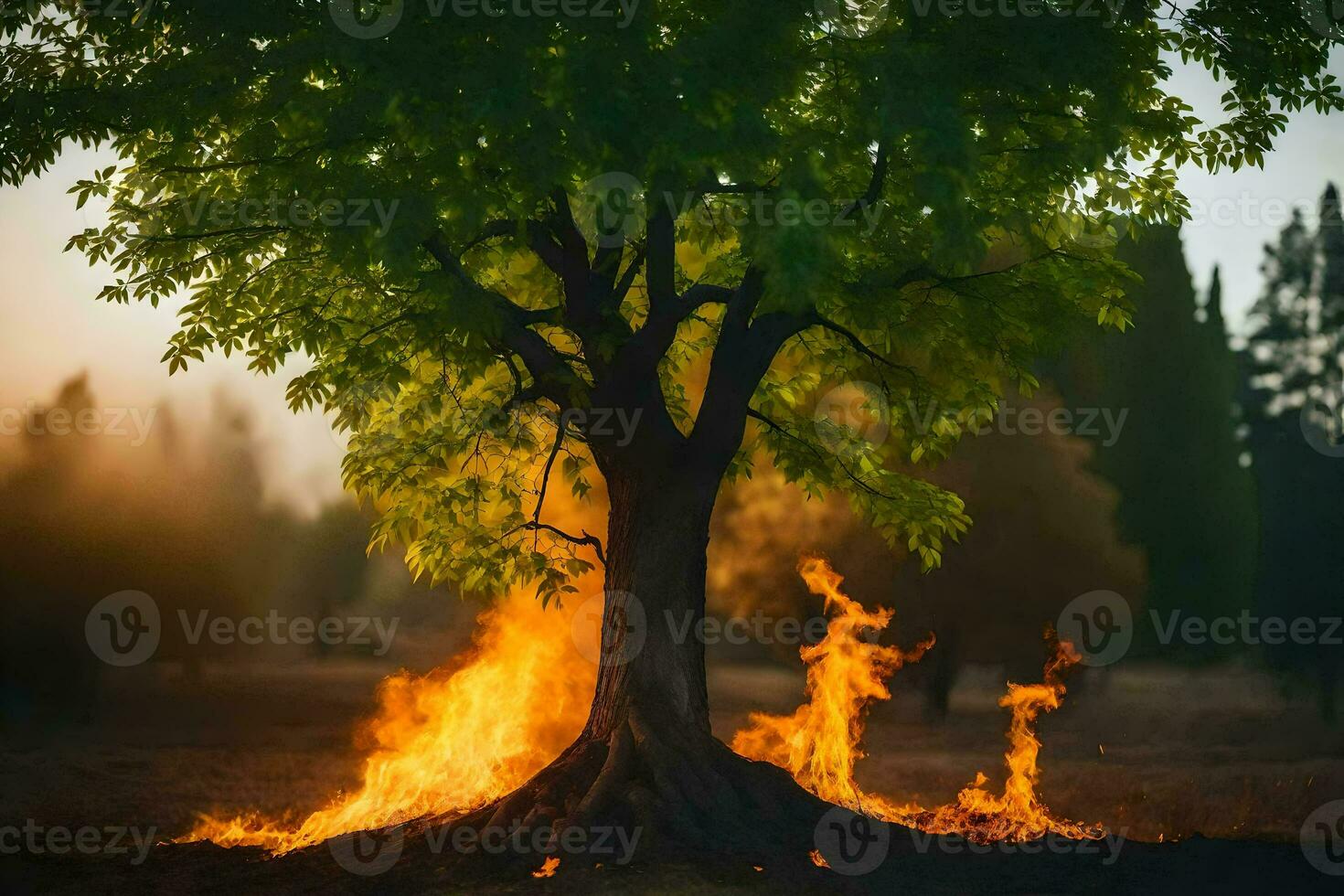 a tree with flames coming out of it. AI-Generated photo