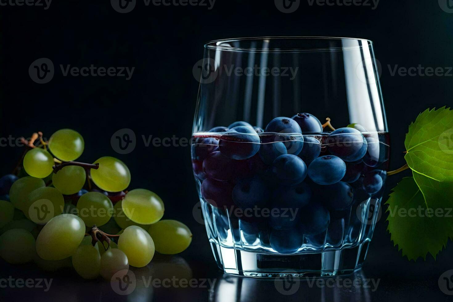 a glass of wine and grapes on a dark table. AI-Generated photo