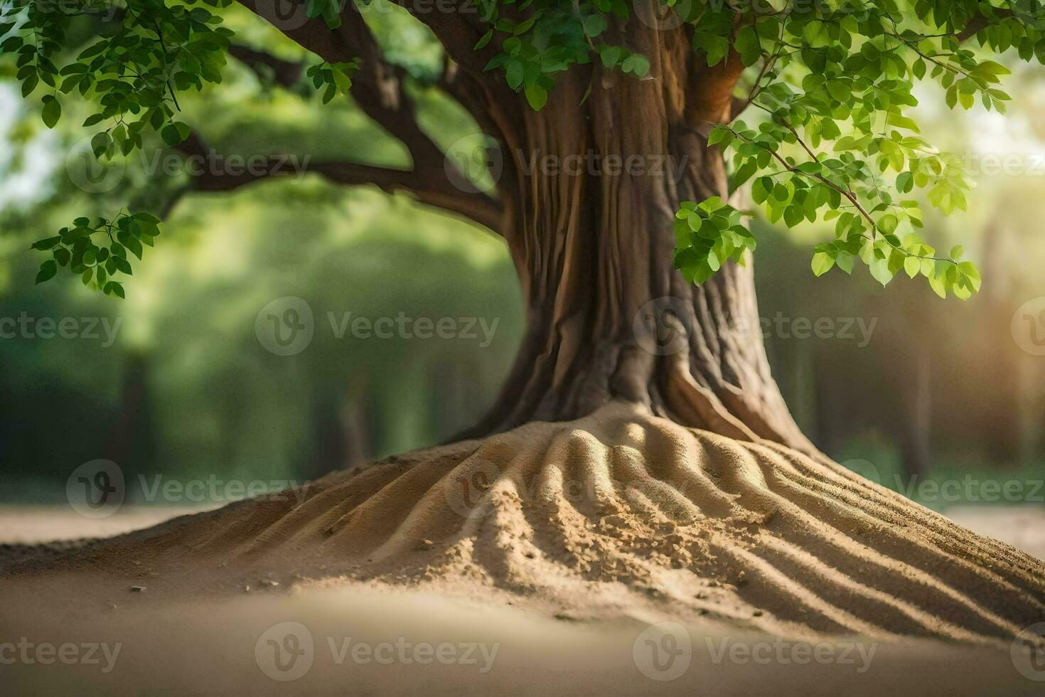 a tree with roots growing out of the sand. AI-Generated photo