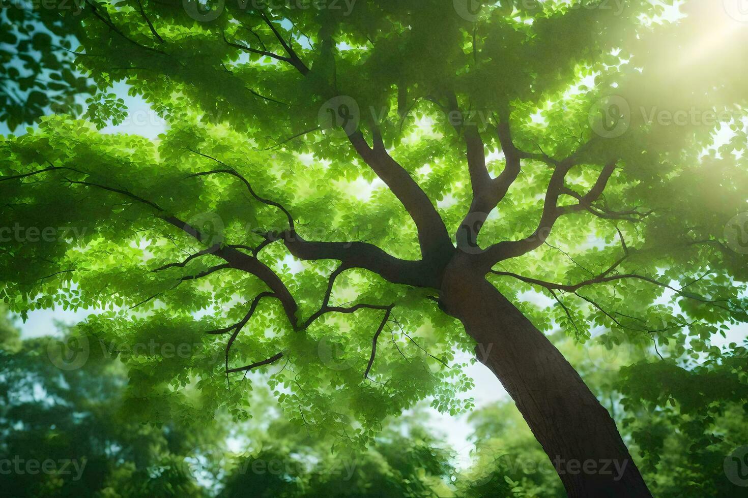 the sun shines through the leaves of a tree. AI-Generated photo