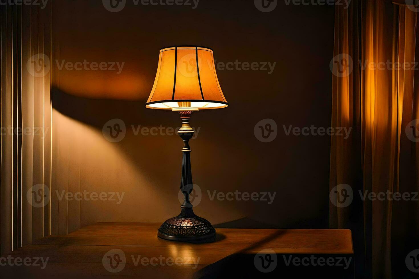 a lamp on a table in front of curtains. AI-Generated photo