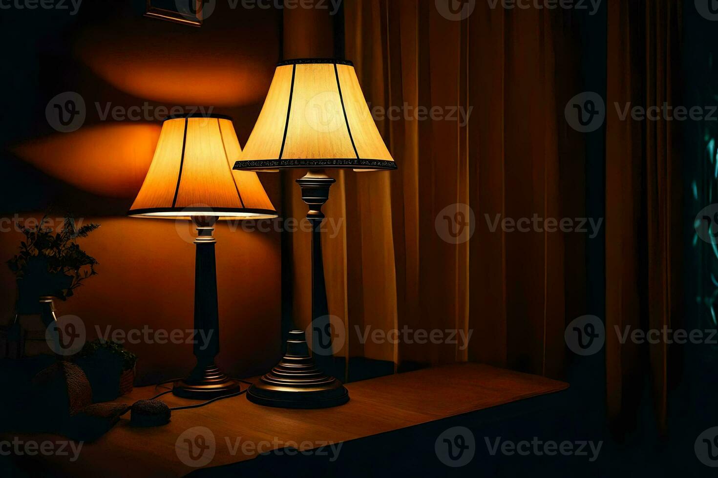 two lamps on a table in the dark. AI-Generated photo