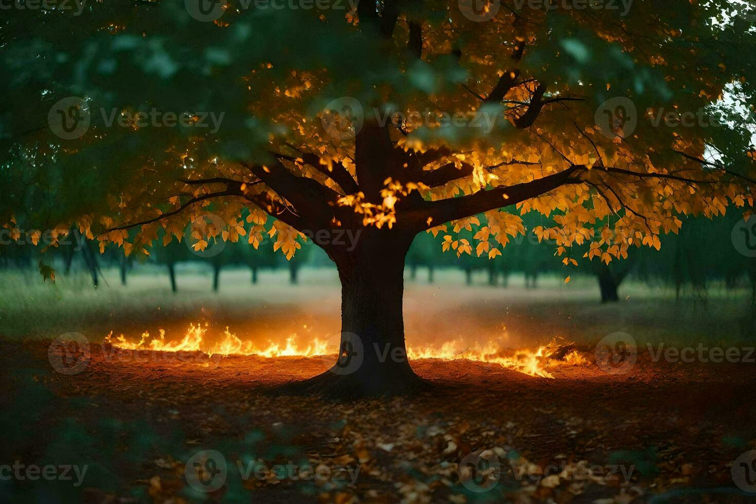 a tree with flames coming out of it in the middle of a field. AI-Generated photo