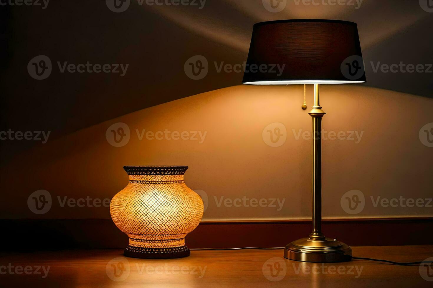 a lamp and a vase on a wooden floor. AI-Generated photo