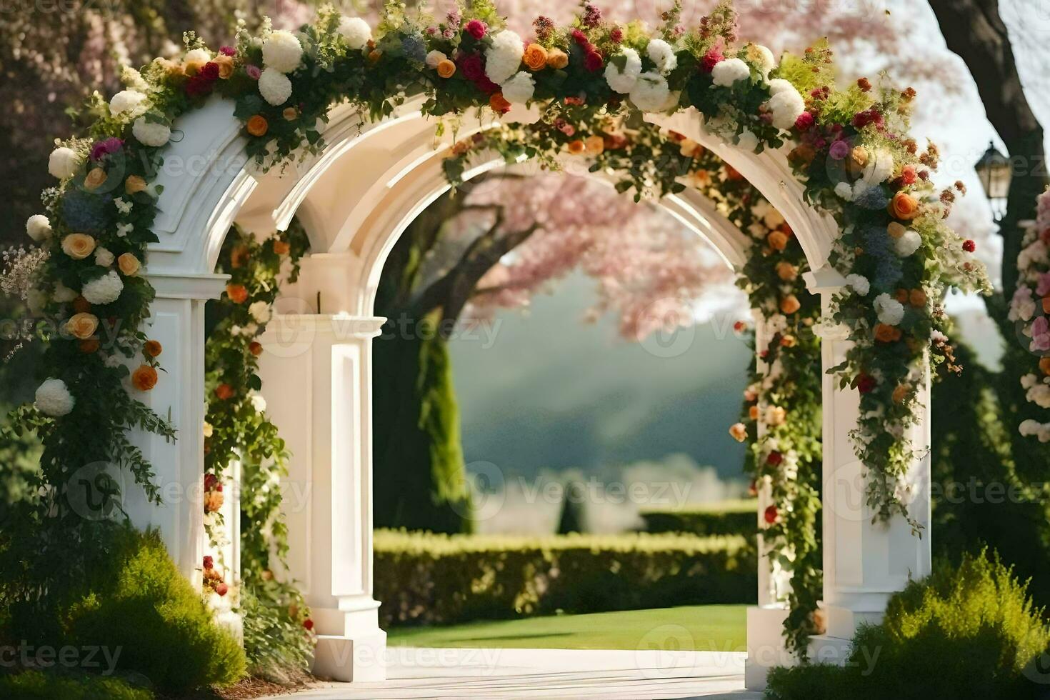 un Boda arco con flores y verdor. generado por ai foto