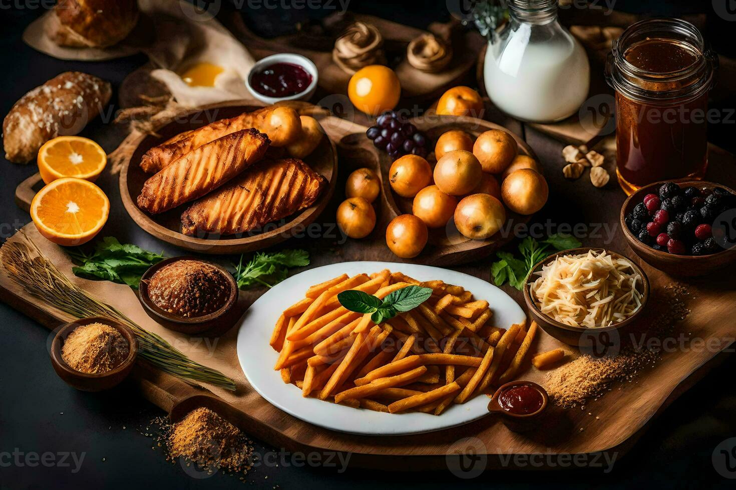 a table with food including potatoes, bread, and other ingredients. AI-Generated photo