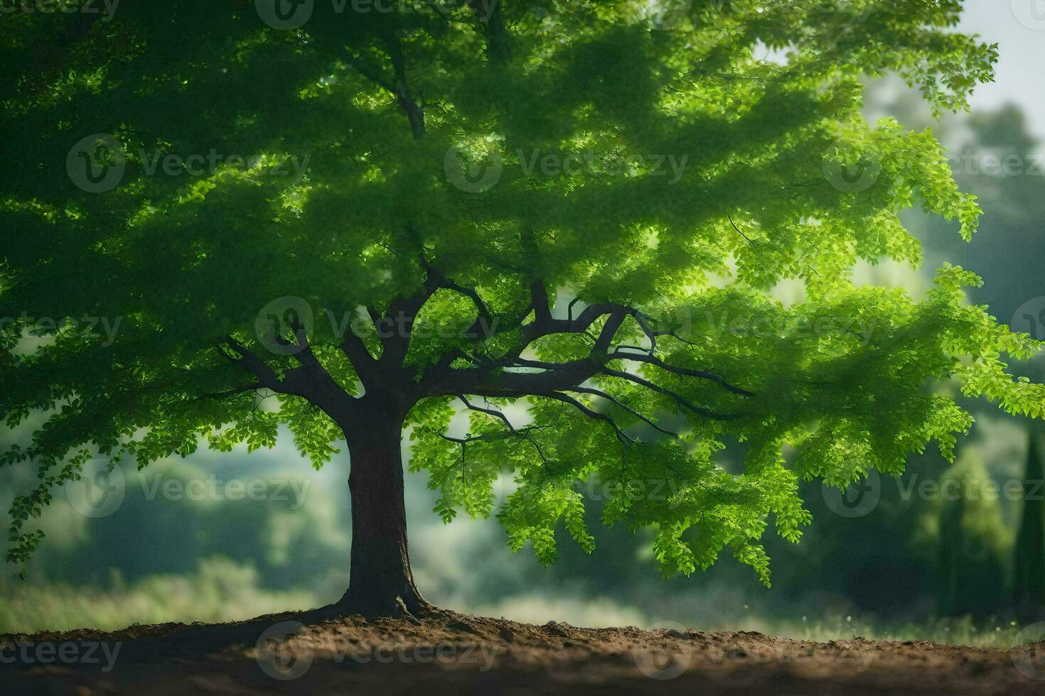 a tree is shown in the middle of a field. AI-Generated photo