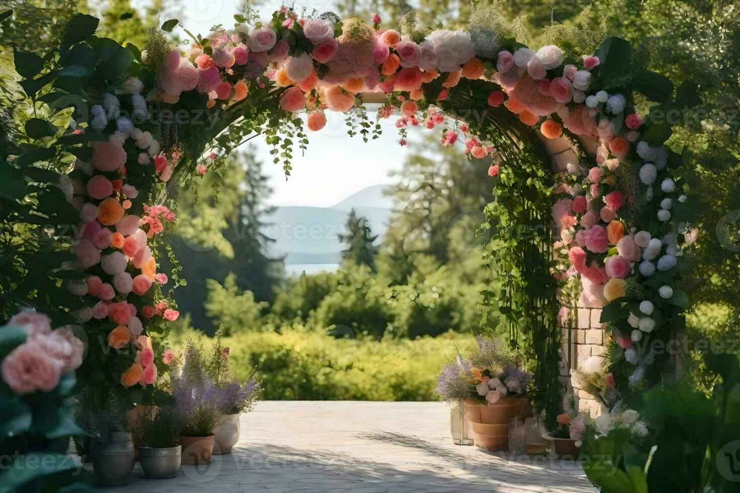 an archway with flowers and greenery. AI-Generated photo