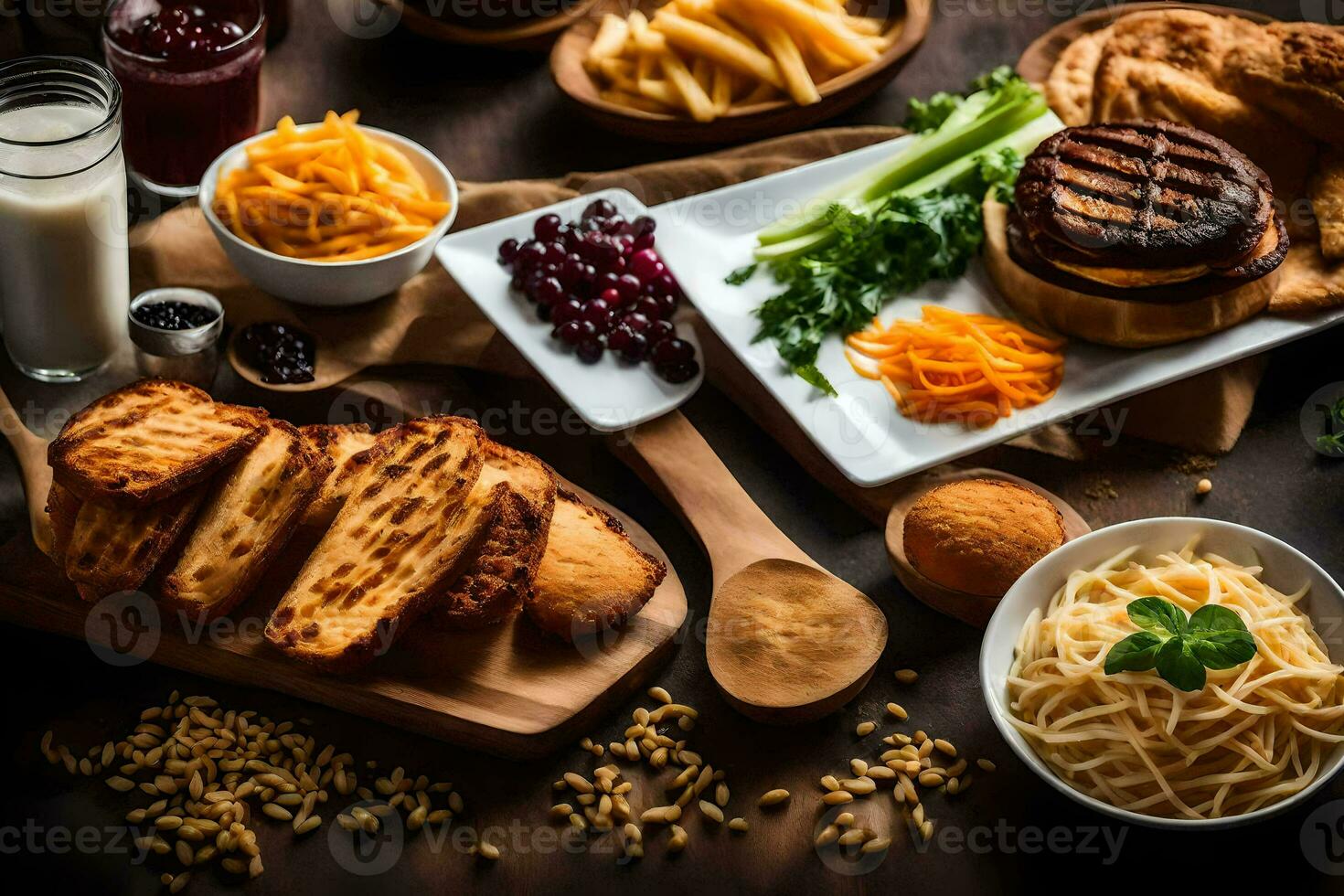 varios comidas incluso pan, queso, carne, vegetales y leche. generado por ai foto