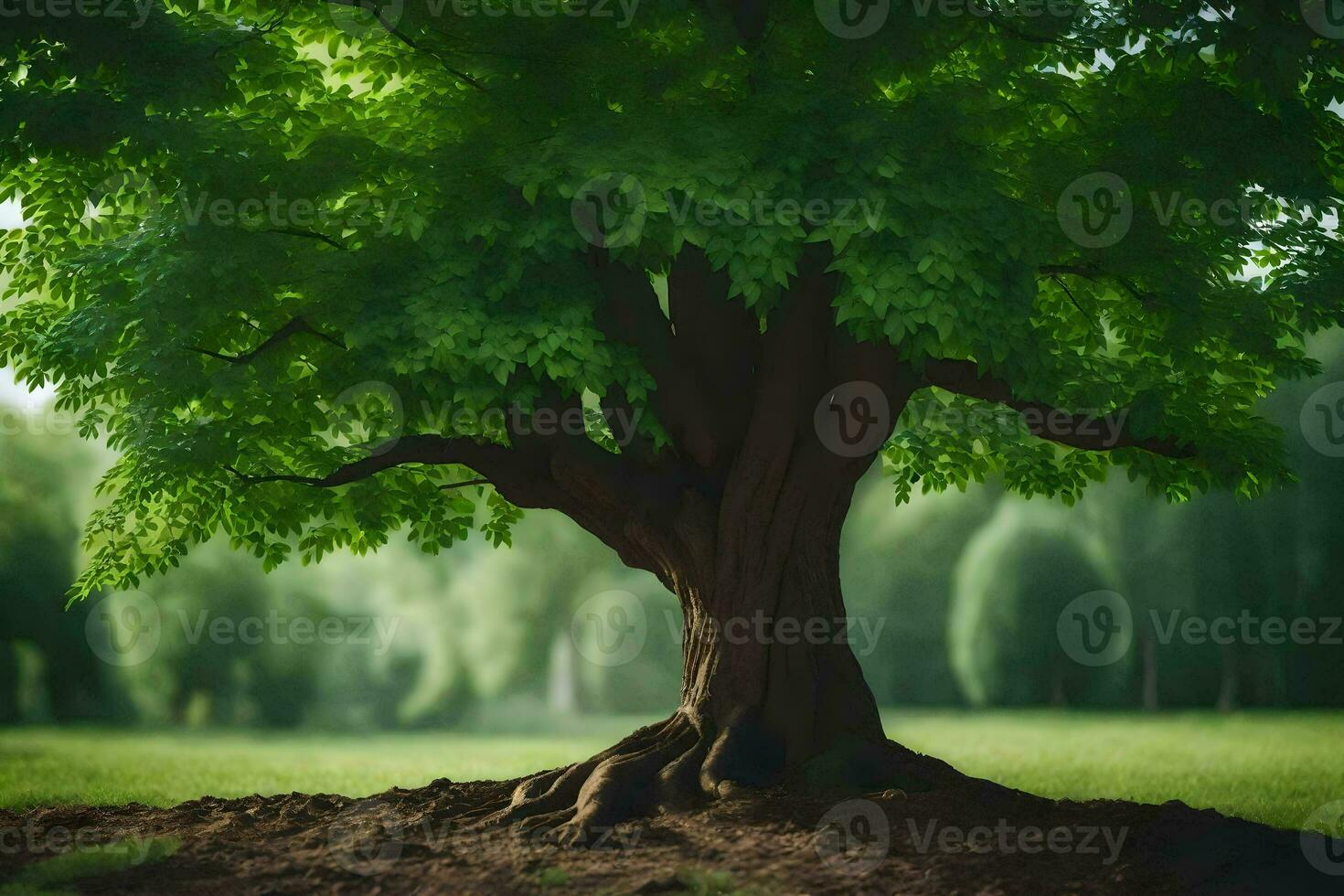 un árbol es mostrado en el medio de un campo. generado por ai foto