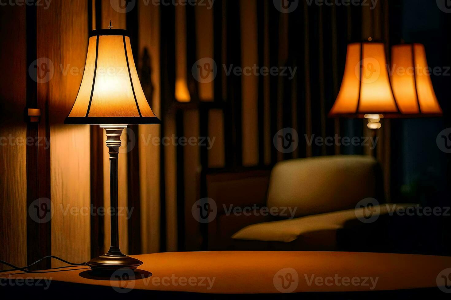 a table with a lamp and a chair in the dark. AI-Generated photo