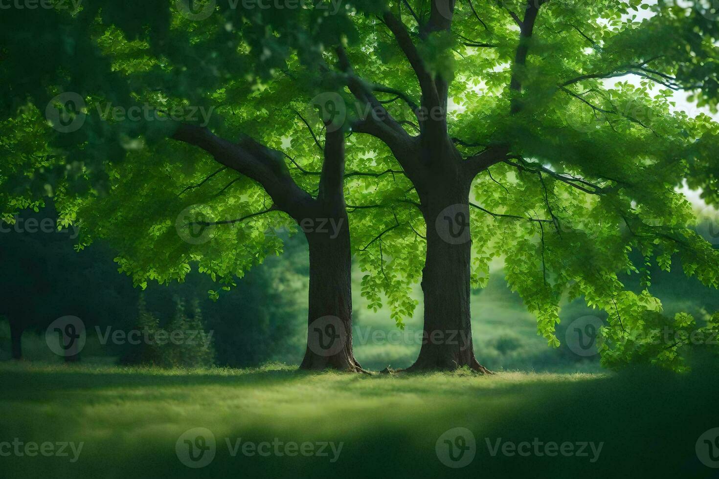 two trees in the middle of a green field. AI-Generated photo