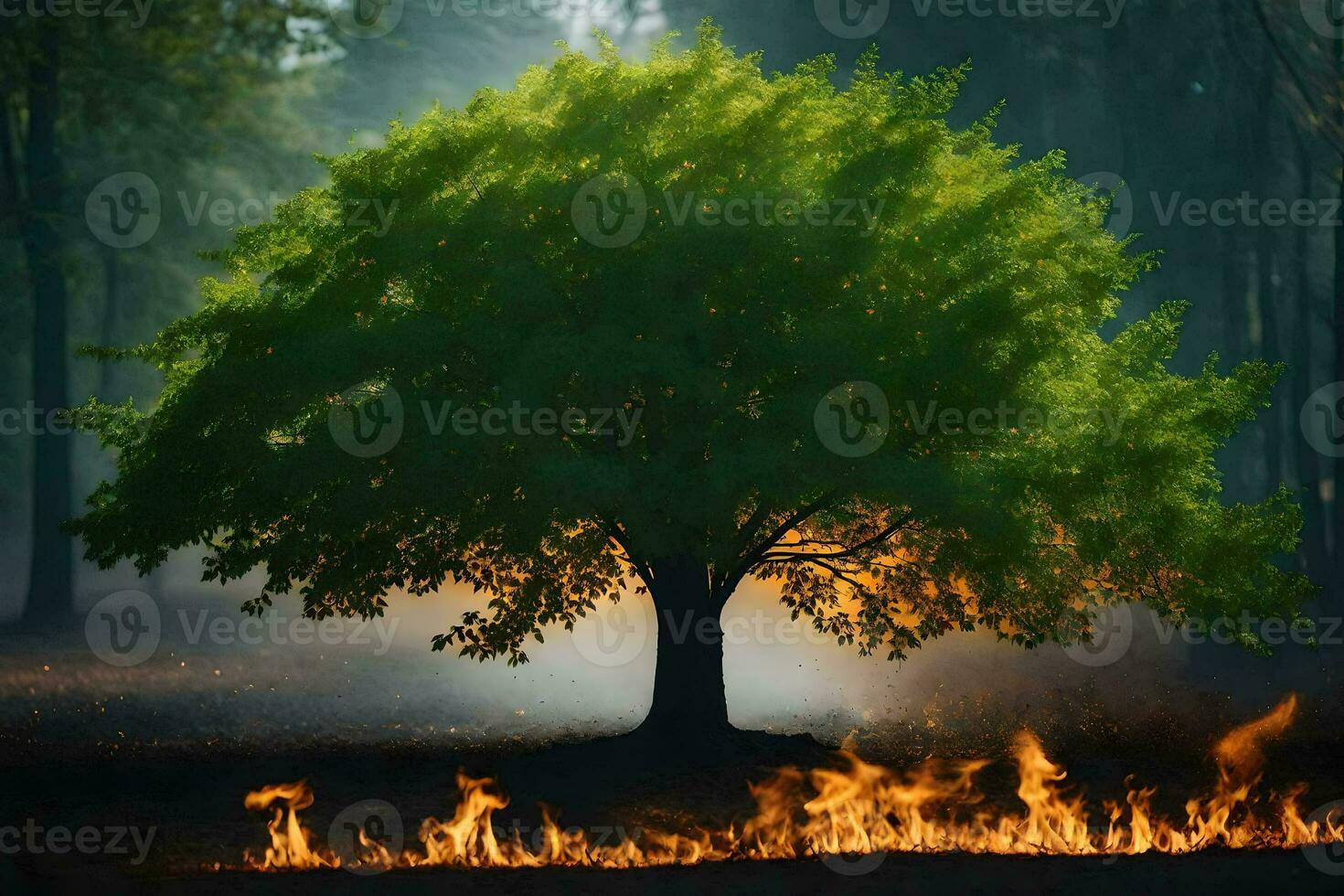 a tree is shown in the middle of a forest with flames. AI-Generated photo