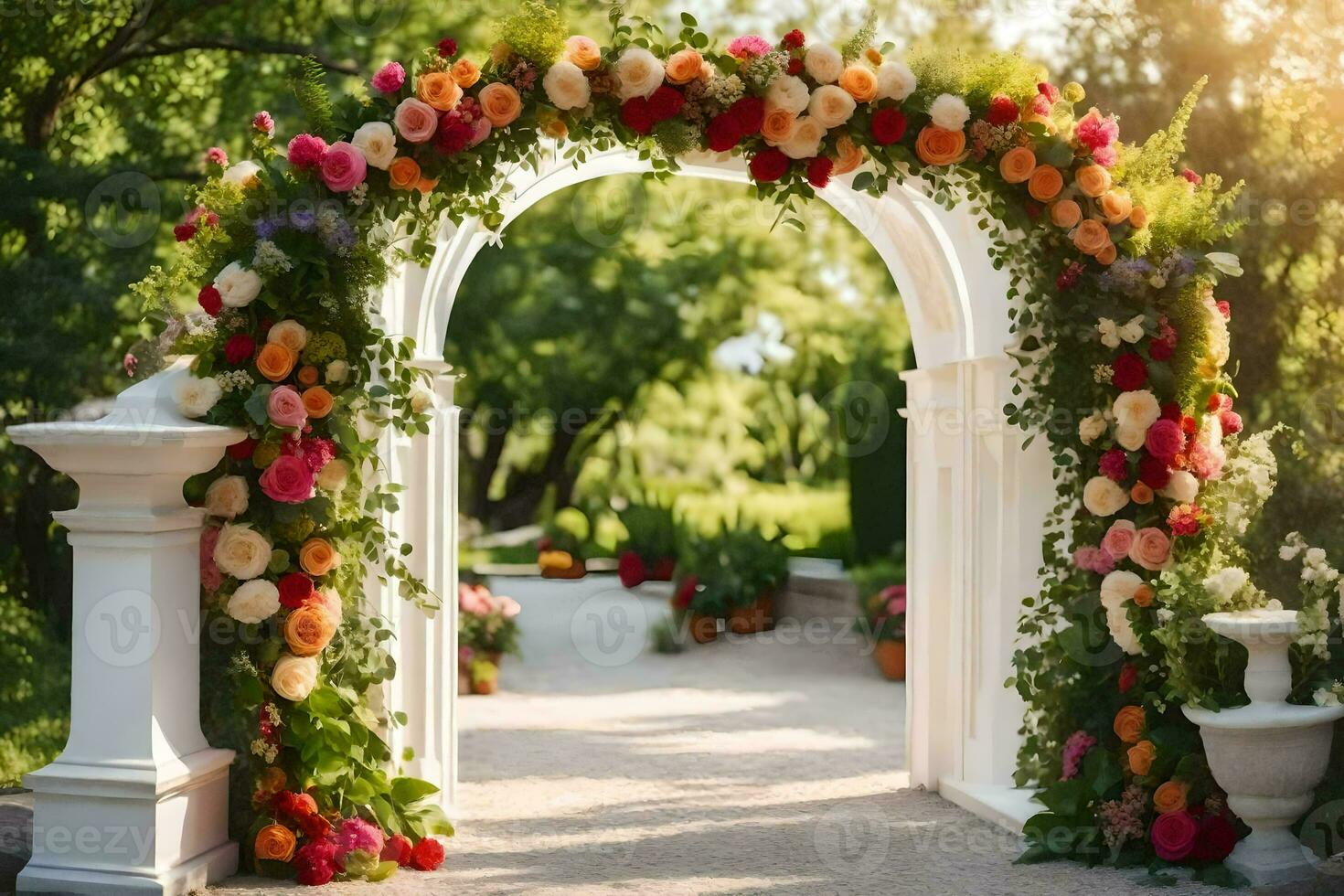 an archway with flowers and greenery. AI-Generated photo