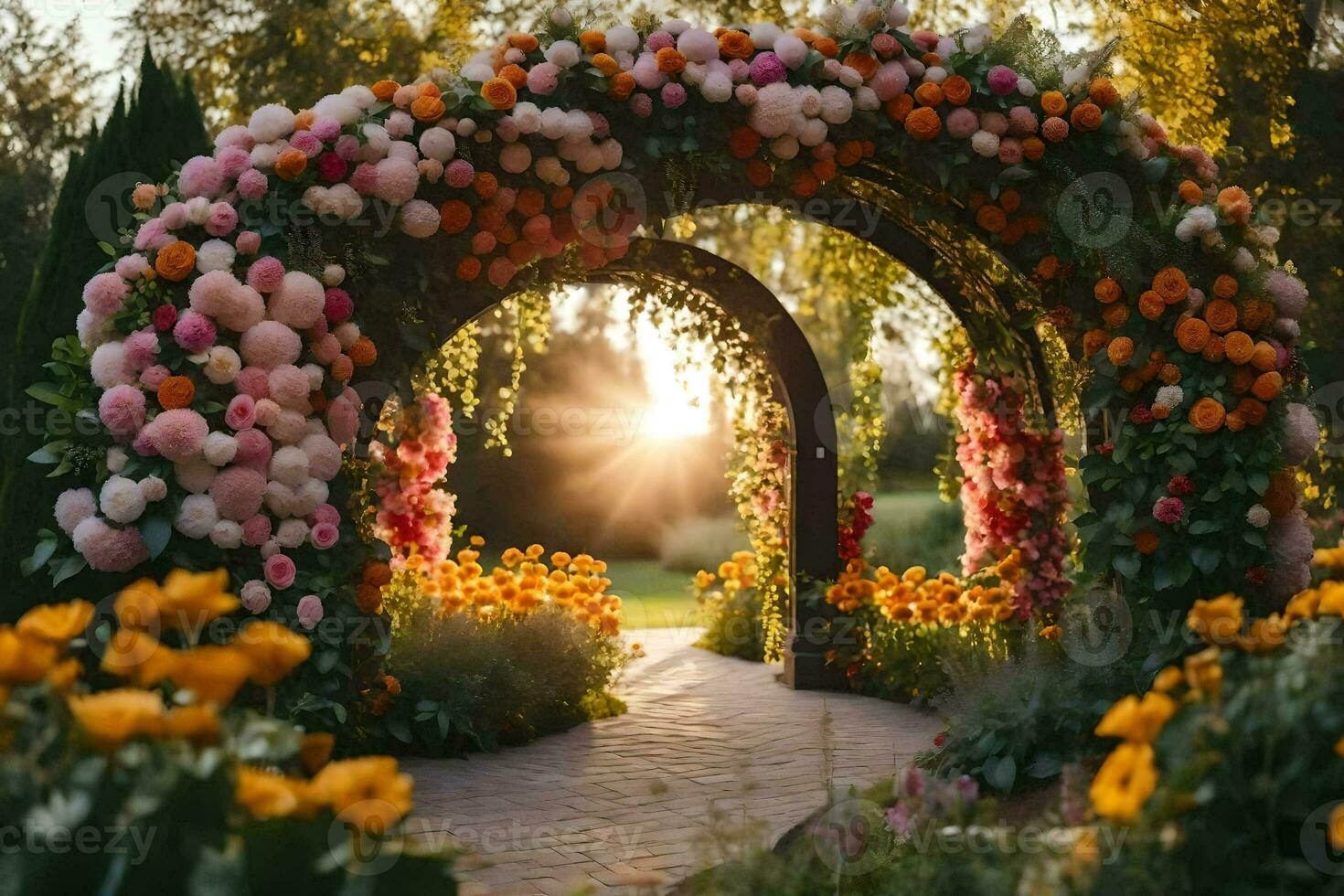 a pathway with flowers and trees in the sun. AI-Generated photo