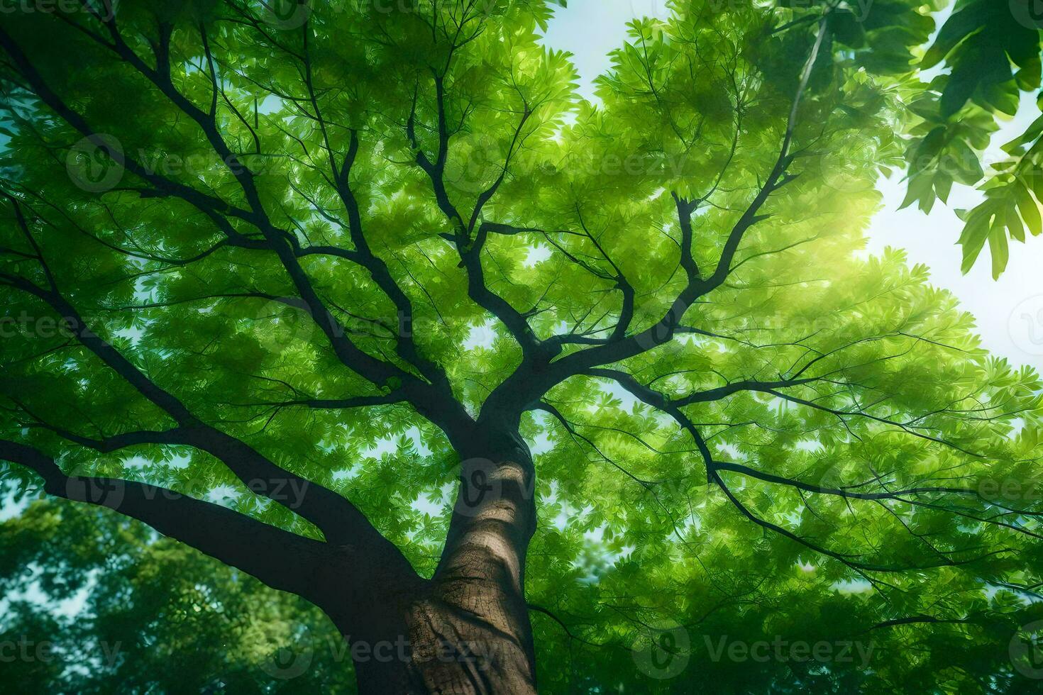 the sun shines through the leaves of a tree. AI-Generated photo