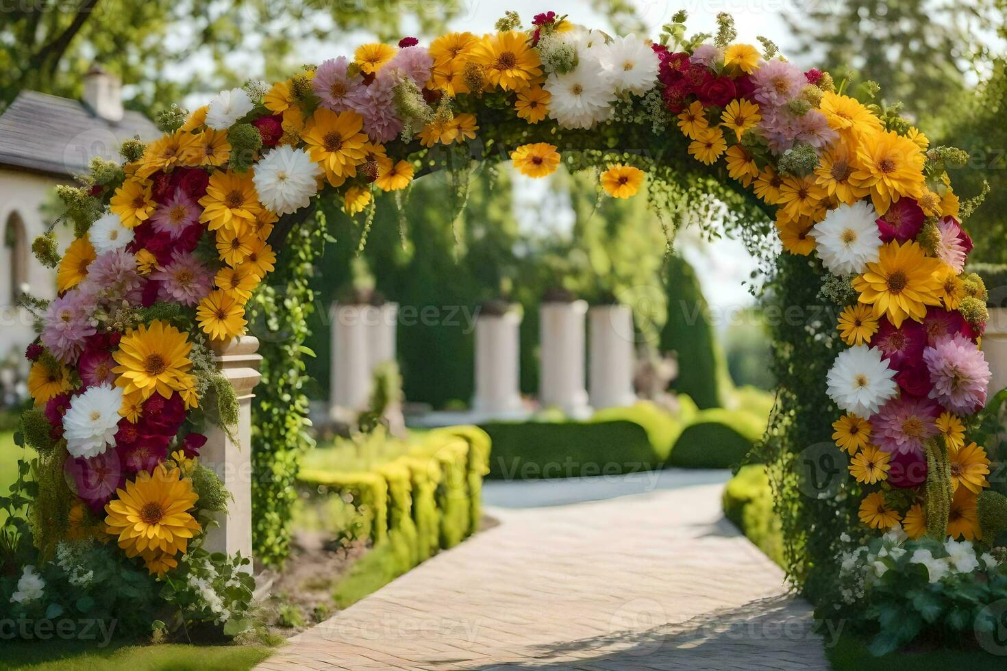 a flower archway is decorated with yellow and red flowers. AI-Generated photo