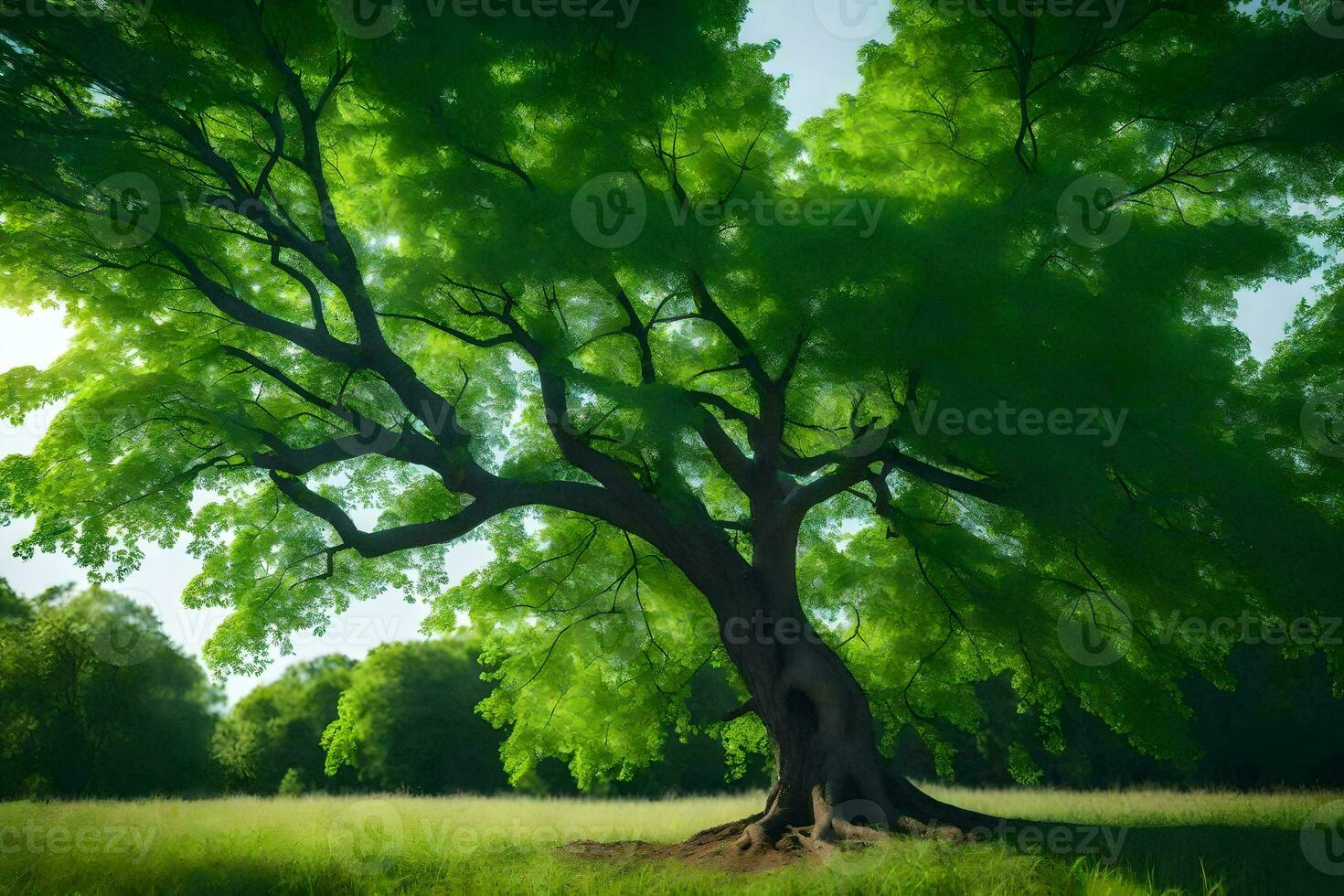 a large tree in the middle of a field. AI-Generated photo