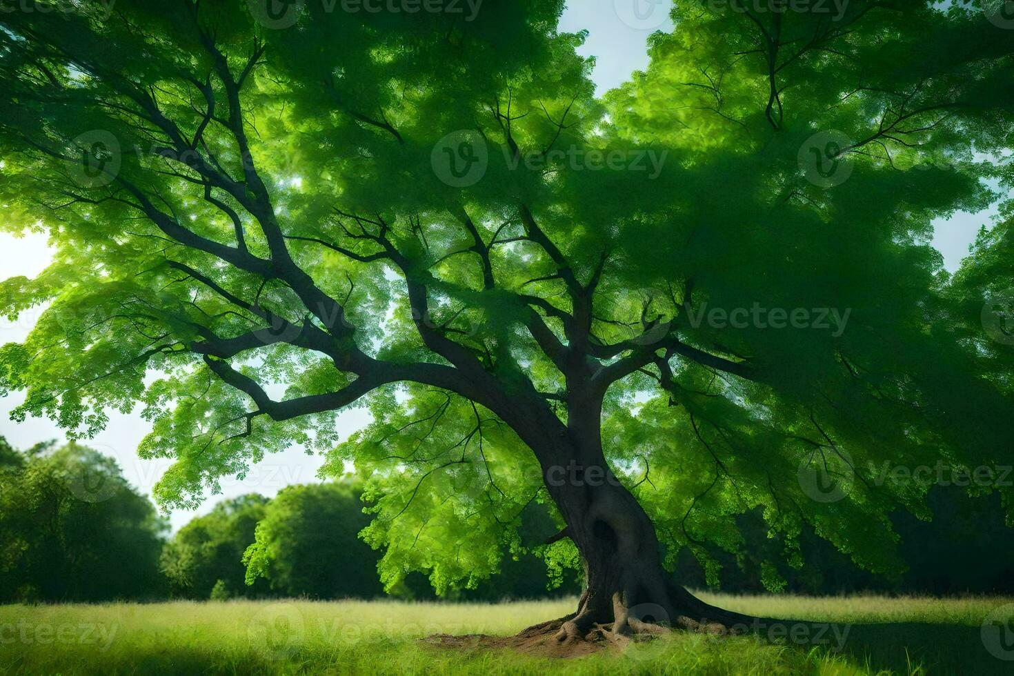 un grande árbol en el medio de un campo. generado por ai foto