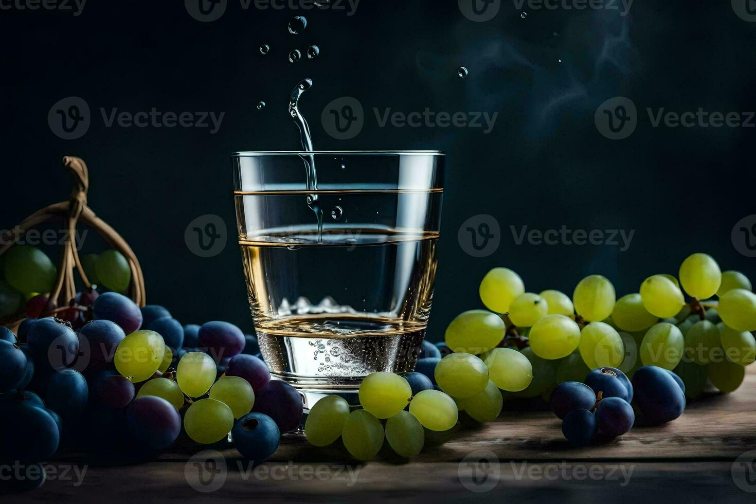 a glass of water and grapes on a table. AI-Generated photo