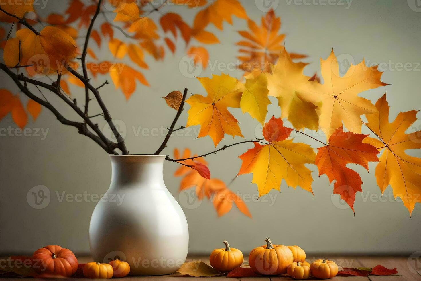 a vase with pumpkins and autumn leaves on a table. AI-Generated photo