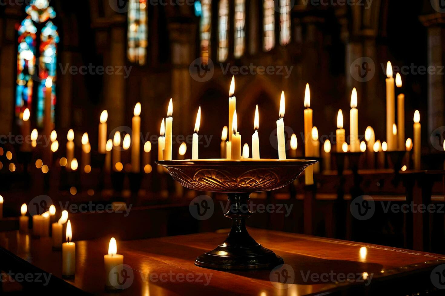 candles are lit in a church with stained glass windows. AI-Generated photo