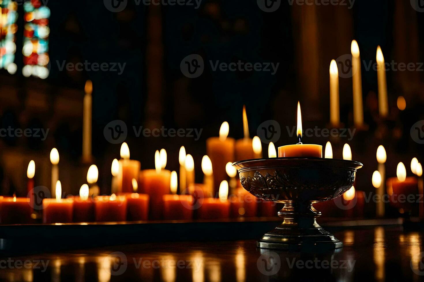 candles in a church with candles lit. AI-Generated photo