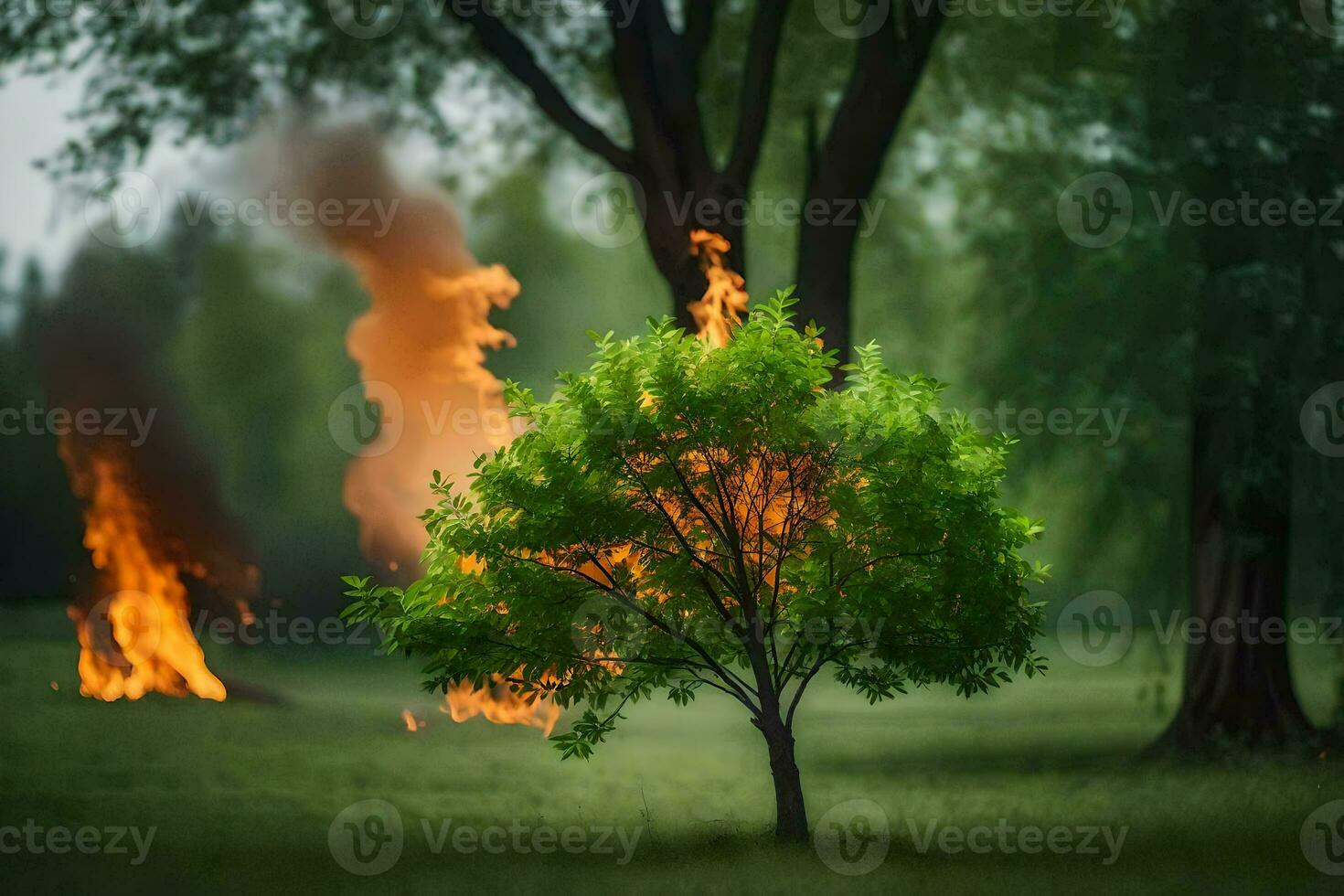 a tree with flames coming out of it in the middle of a field. AI-Generated photo