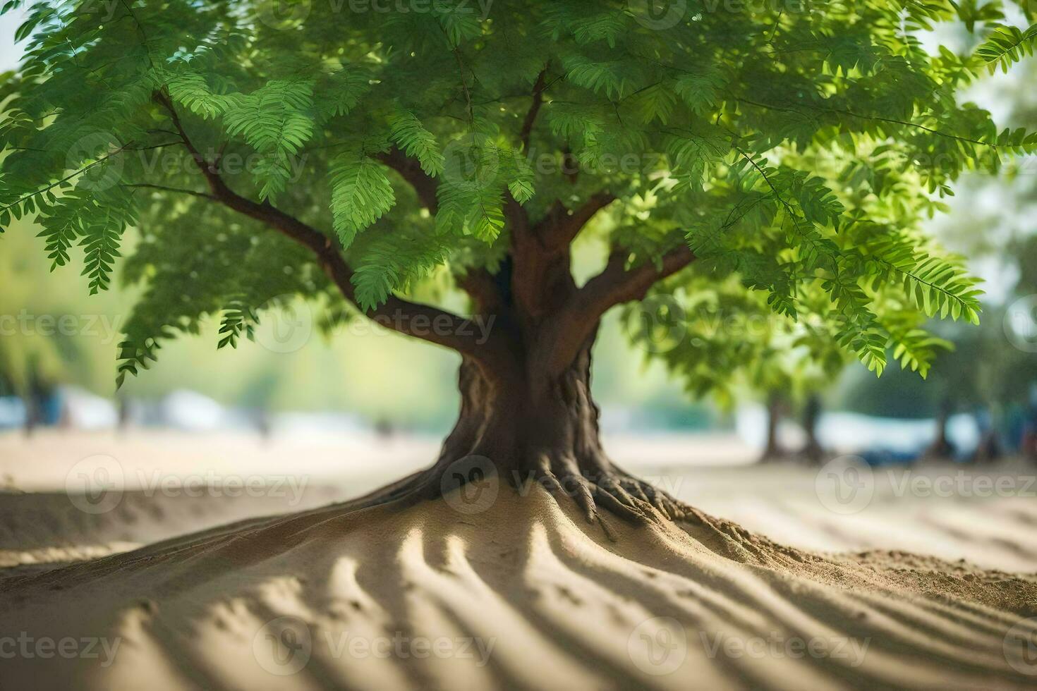 a tree with leaves growing on it in the sand. AI-Generated photo