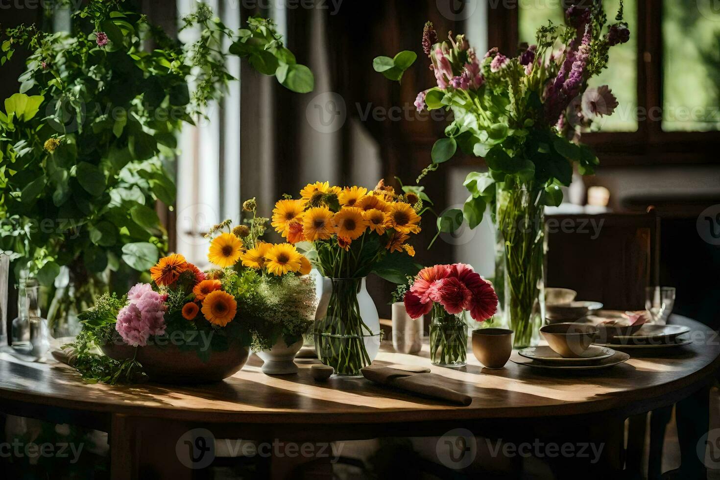 a table with flowers and plates on it. AI-Generated photo