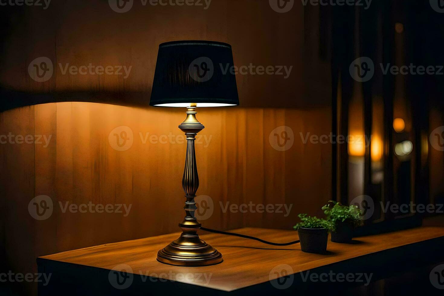 a lamp on a table in a dark room. AI-Generated photo