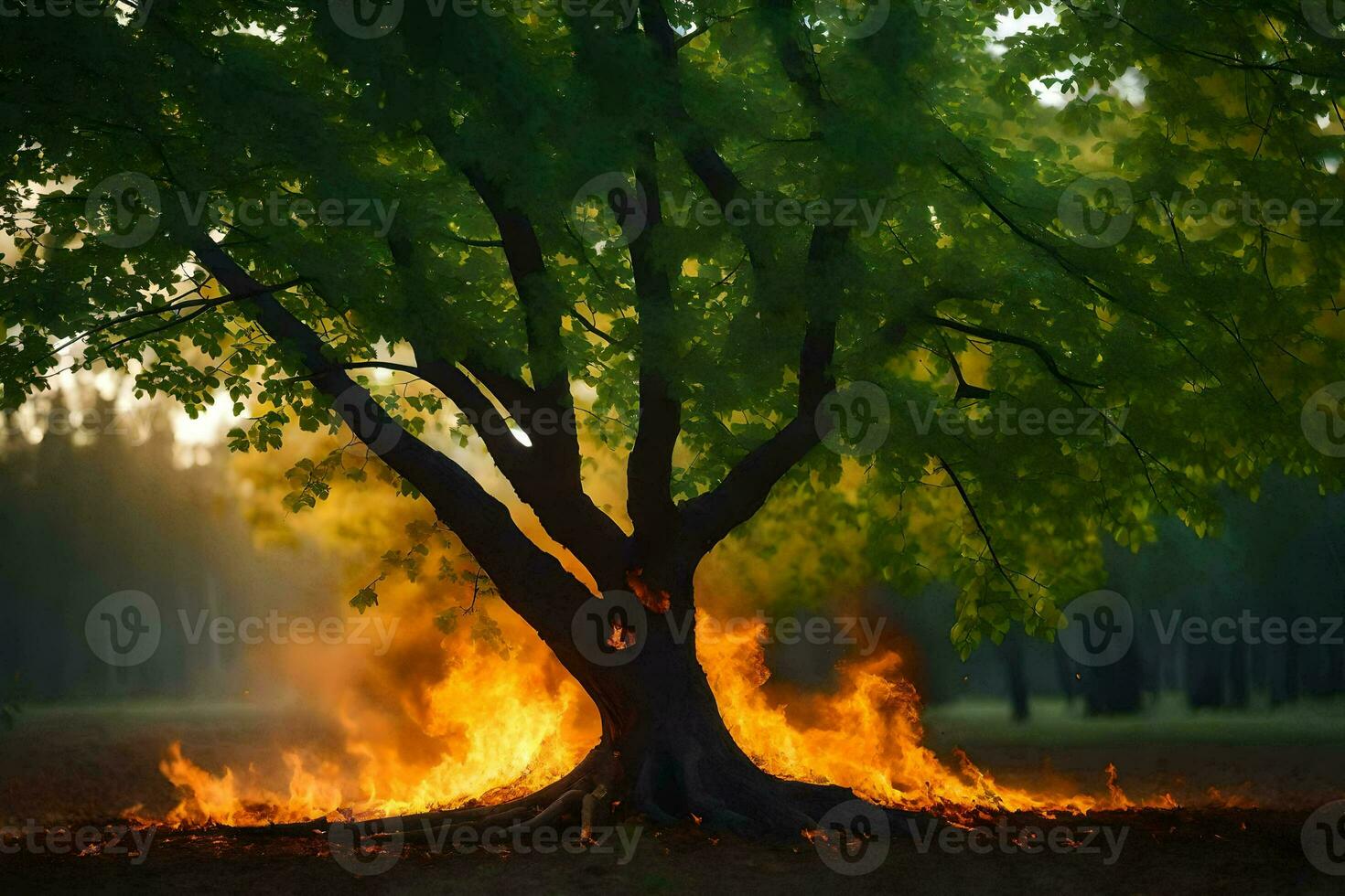 a tree with flames coming out of it. AI-Generated photo