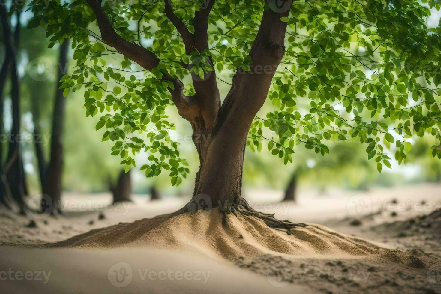 un árbol con raíces creciente fuera de el arena. generado por ai foto