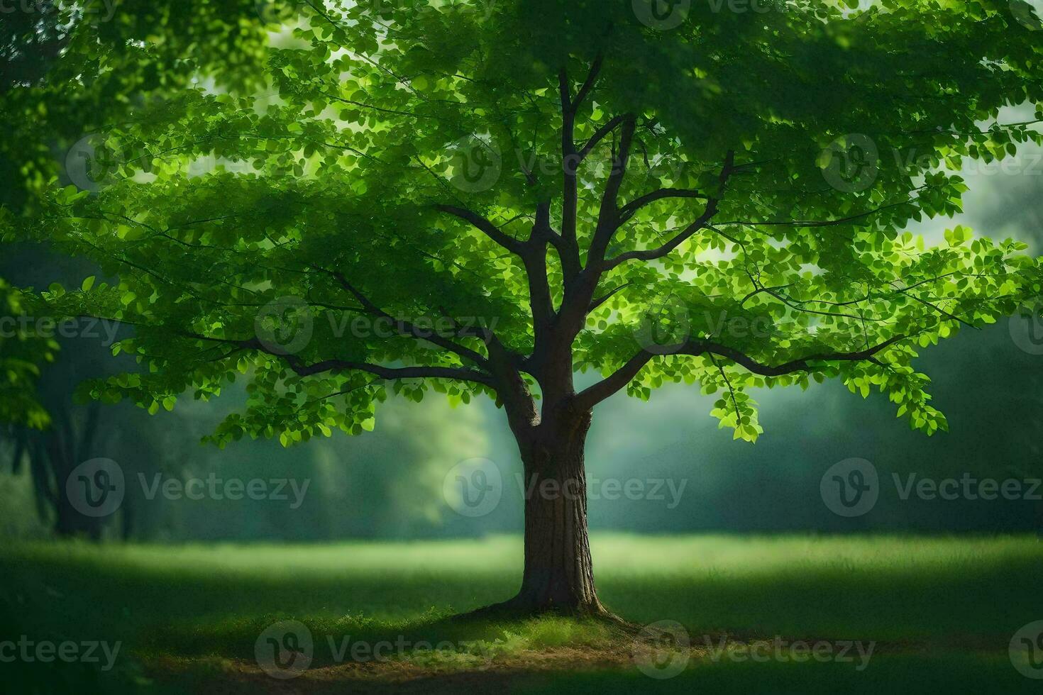 a tree is standing in the middle of a field. AI-Generated photo