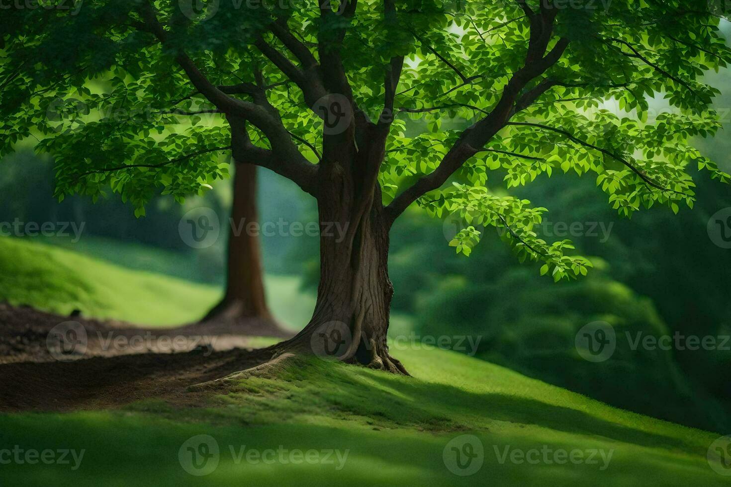 a tree is standing in the middle of a green field. AI-Generated photo