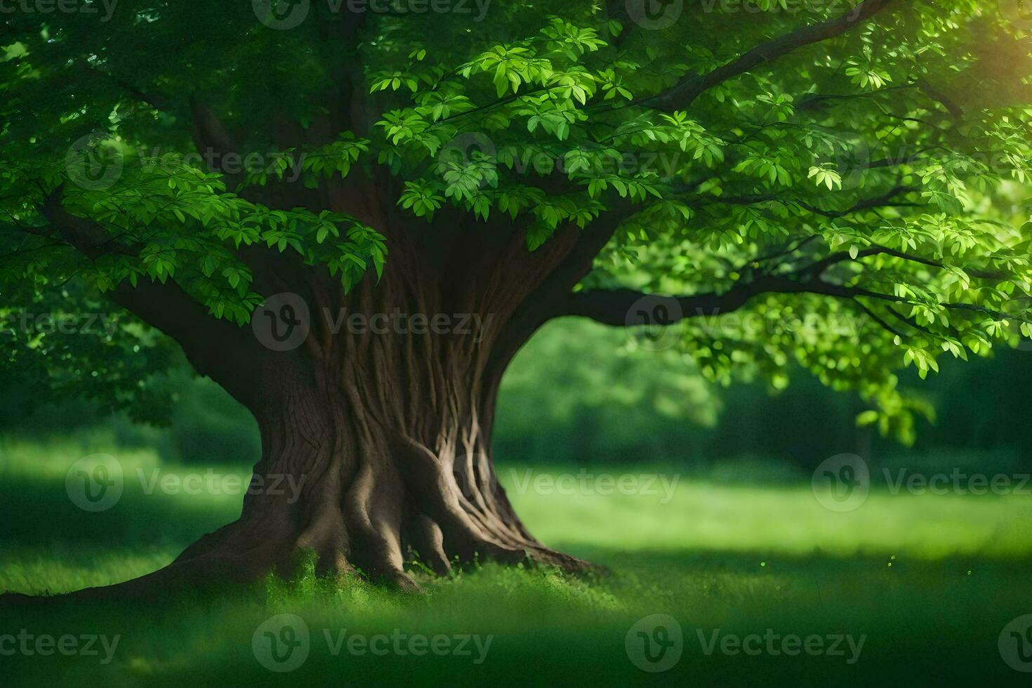 a large tree in the middle of a green field. AI-Generated photo