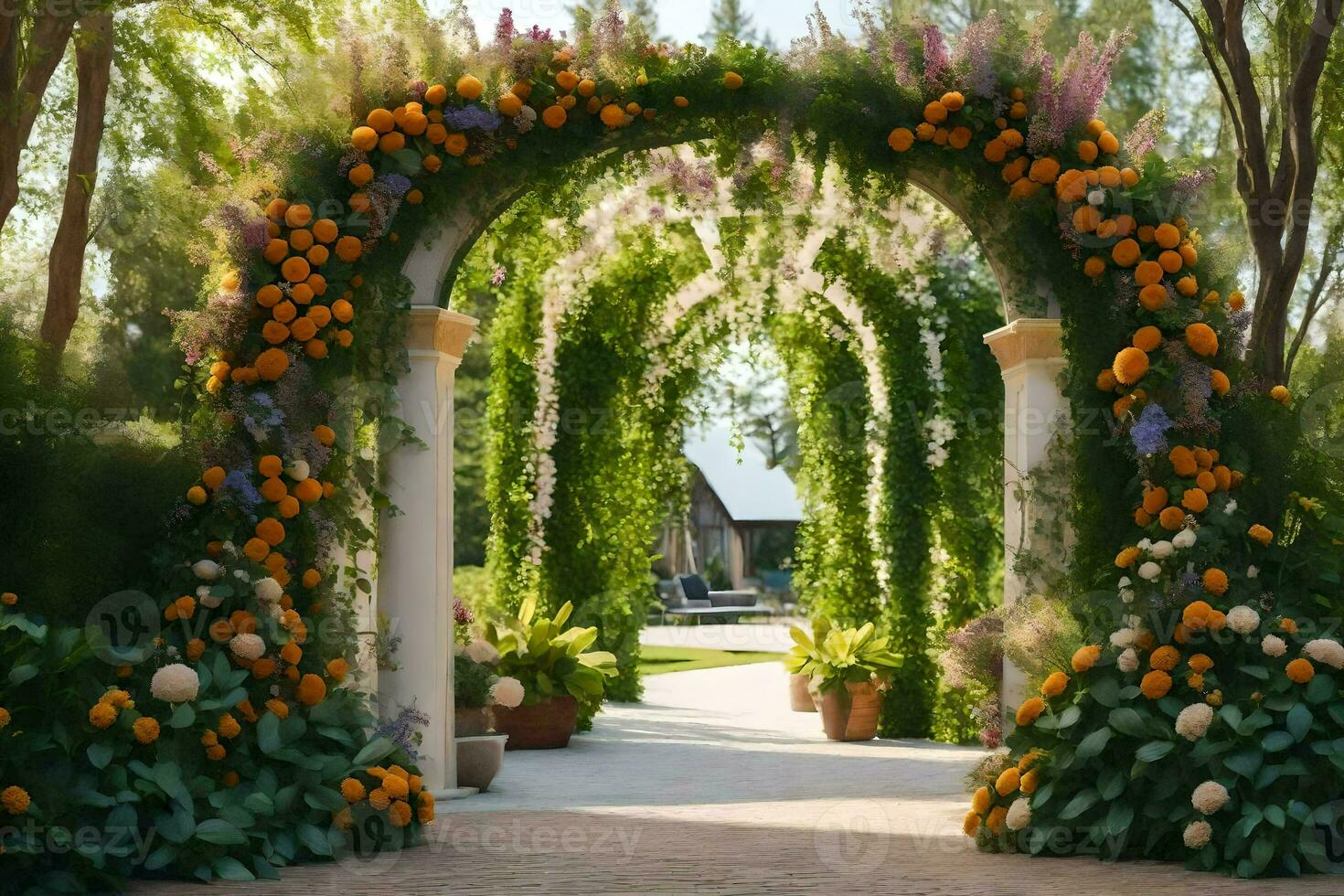 an archway with orange and yellow flowers. AI-Generated photo